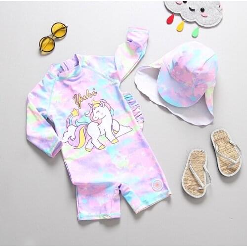 New 2020 Girls Swimsuit One Piece Chidlrens Swimwear 2-8years Unicorn Style Girls Swimwear Bathing Suit With Hat CZ1021