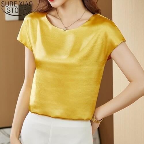 Office Lady Tops Summer New Acetate Satin Blouse Fashion Short Sleeves Simple Solid Plus Size Loose Shirt Blusas Mujer 15493