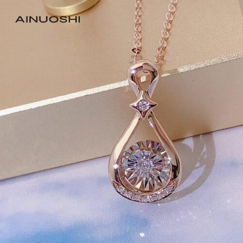 AINUOSHI Round Cut 0.06 Carat Natural Diamond Drop Shape Dancing 18K Gold Pendant Necklace Dazzling Fine Jewelry Gift 18