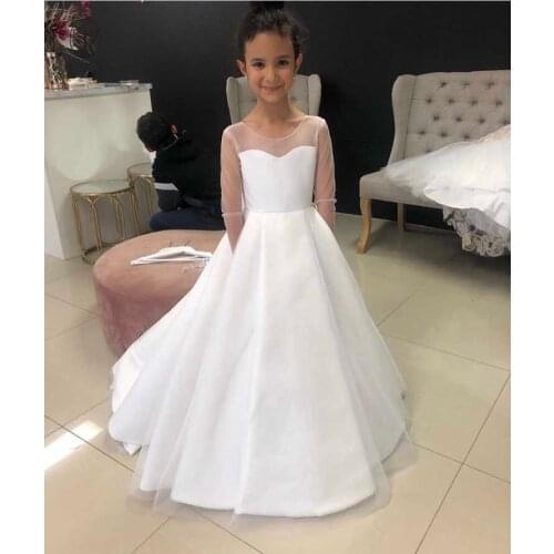 Simple but Elegant Ivory O Neck Long Sleeve Pleated Bowknot A Line Floor Length Little Flower Girl Dresses 2020