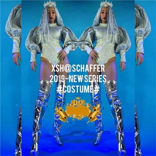 Nightclub Bar Sexy Clothes Womens Silver Ballroom Costume Sexy Lady Broadway Dance Suit New year Party Hat Christmas Gifts for