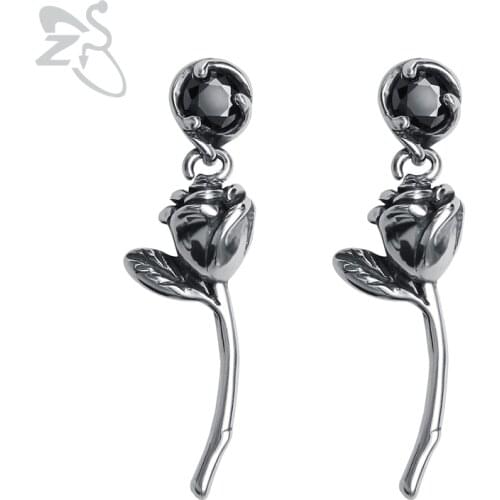 ZS Rose Flower Stainless Steel Earrings for Women Gothic Stud Earring with Black Cubic Zirconia Vintage Hip Hop Jewelry for Men