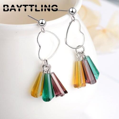 BAYTTLING 38MM 925 Sterling Silver Charm Multicolor Crystal Heart Drop Earrings For Woman Fashion Wedding Jewelry Couple Gift