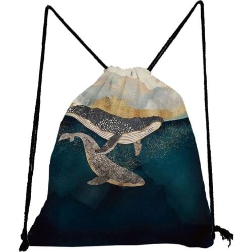 Ukiyoe Drawstring Bag Blue Child Backpack Shoe Bag To School Eco Reusable Whale Storage Bag Soft Back Bag Fashion Unisex Bookbag