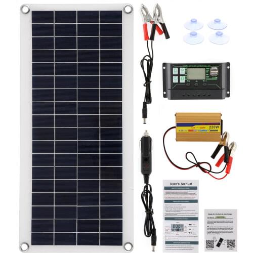220V 30W Solar Panel + 220W Solar Inverter + 60A MPPT Controller Solar Power System For Outdoor Camping Car Phone Power Charging