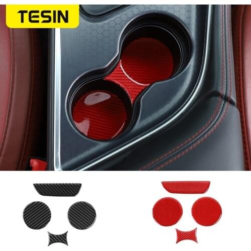 TESIN Carbon Friber Car Stickers for Car Gear Shift Box Panel Rear Cup Mats Pad Cover Accessories for Dodge Challenger 2015+4Pcs