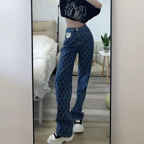 Streetwear Korean Fashion Jeans Woman High Waist Y2k Straight Baggy Pants Hot Girl Printing Leg Wide Pants Casual Denim Trousers