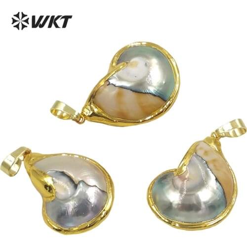 WT-JP272 WKT exclusive gold plated unique natural fossil snail pendant fashion jewelry trumpet shell fossil pendant