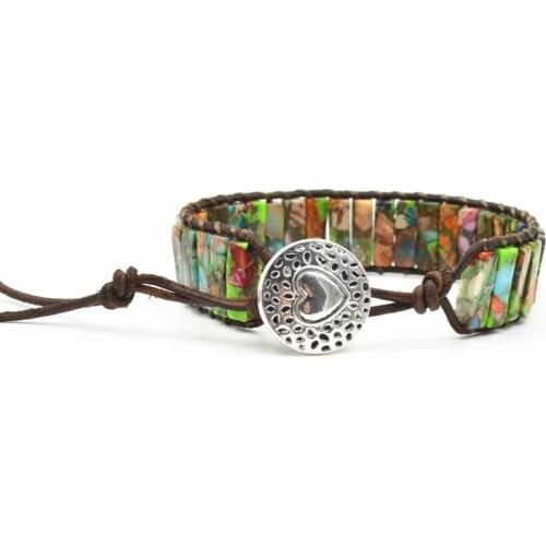 Women Boho Bracelet Tube Shape Natural Stone Single Leather Wrap Bracelet Semi Precious Stone Beaded Cuff Bracelet Dropship