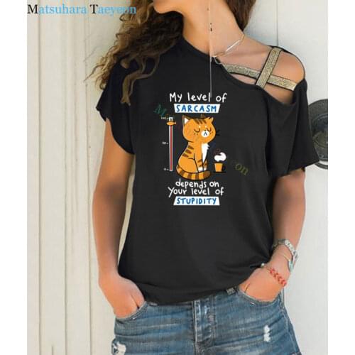 Tshirt for Woman Tsundere Cat Drinking Tea Womens Tshirt Fashion Clothing Funny Irregular Skew Cross Bandage T-Shirts for Woma
