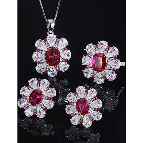 100% Real Silver 925 Jewelry Sets For Women Ruby Gemstone Flower Earrings Ring Pendant Necklace Wedding Party Accessories Gift