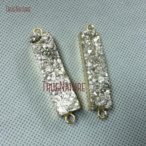 10Pcs Titanium Silver Druzy Crystal Connector Pure Gold Color Rectangle Double Bail Pendant Approx 42x11mm PC2577