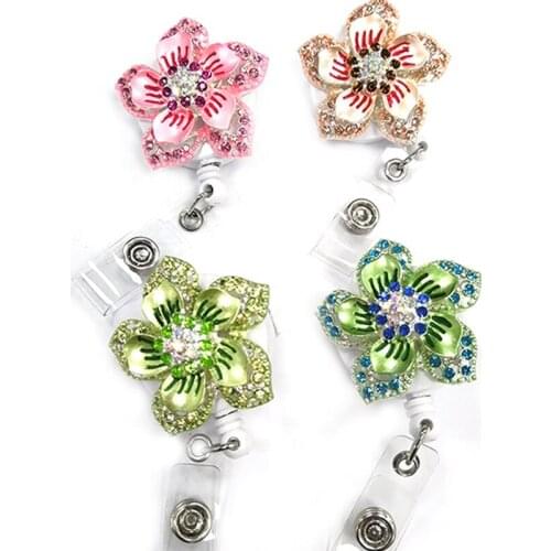 100PCS/Lot Green Enamel Asphalt And Rhinestone Flower Brooch Silver Plated Nurse Retractable ID Badge Reel/ ID Badge Holder