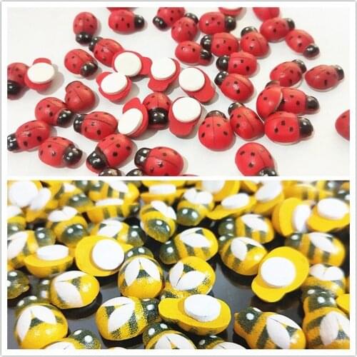 100 PCS Red Ladybug Handmade Diy Accessories Wooden Accessories Wooden Yellow Bee Self-adhesive Pieces Scrapbook Toy Ornaments