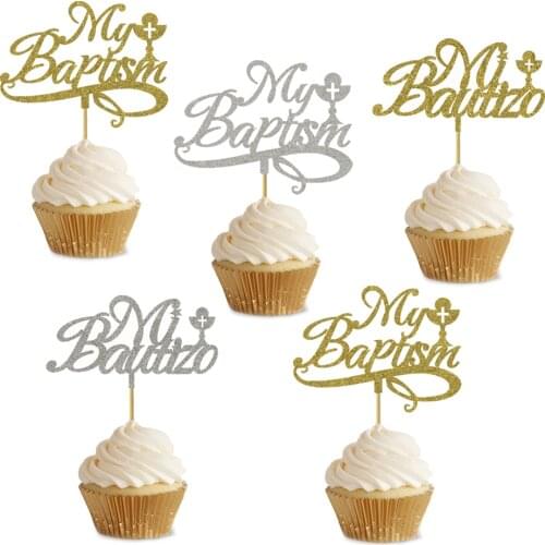 20 Pieces Gold Silver Spanish Mi Bautizo English My Baptism Cupcake Toppers For Kids Christening & Baptism Party Decoration