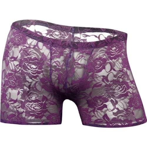 2021 Sexy Men Underwear Homme Pink Lace Mens Underwear Homens Calecon Homme Brand Rose Lace Transparent Mesh Low Waist Boyshort