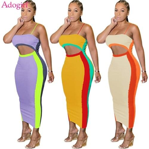 Adogirl Color Patchwork Hollow Out Spaghetti Straps Maxi Dress Women Sexy Strapless Bodycon Long Casual Party Vesetidos