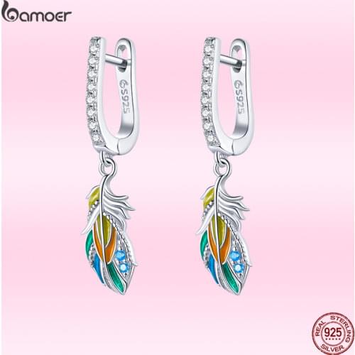 Bamoer 2021 Fashion Color Feather Ear Buckle Exquisite Zircon 925 Sterling Silver Earrings for Women Casual Jewelry Gift GAE485