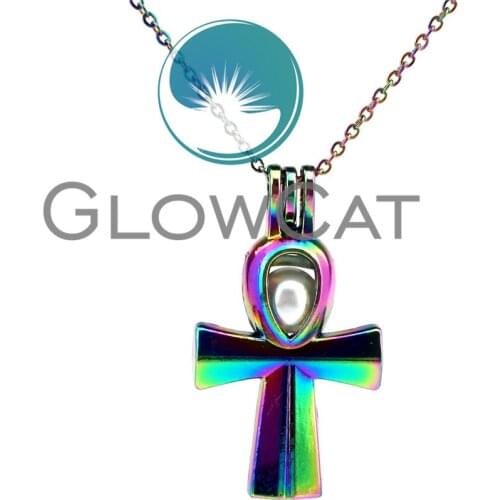 CC677 Rainbow Colors Anka Cross Beads Cage Pendant Essential Oil Diffuser Aromatherapy Pearl Cage Locket Necklace