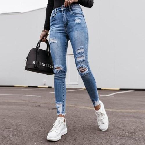 Fashion Vintage Ripped Hole Pencil Long Pants Solid Jeans Women Spring Summer Casual High Waist Slim Denim Trousers Streetwears