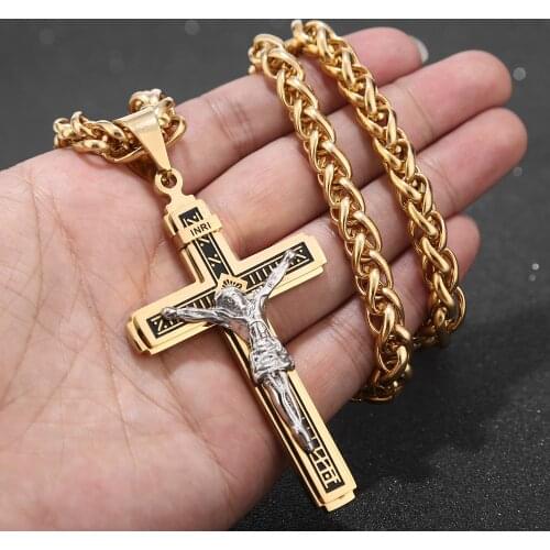 Hot Stainless Steel Cross Pendant Necklace Jesus Prayer Christian Collar Gift Inri