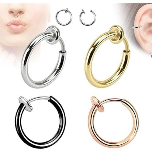 Fake piercing nose ring lip ring RETRACTABLE ear Hoops without piercing no hole for women ear cartilage cuff rose gold color13mm