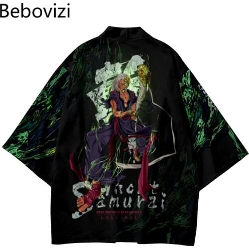 Japanese Cartoon Demon Slayer Samurai Style Set Fashion Kimono Beach Harajuku Men Women Black Cardigan Haori Obi Asian Pant Suit