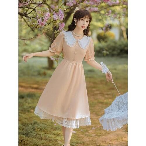 Sweet Cute Fairy Dress Women Summer 2021 Japanese Soft Girl Ruffled Doll Collar Lace Stitching Lovely Pincess Dresses Lolita