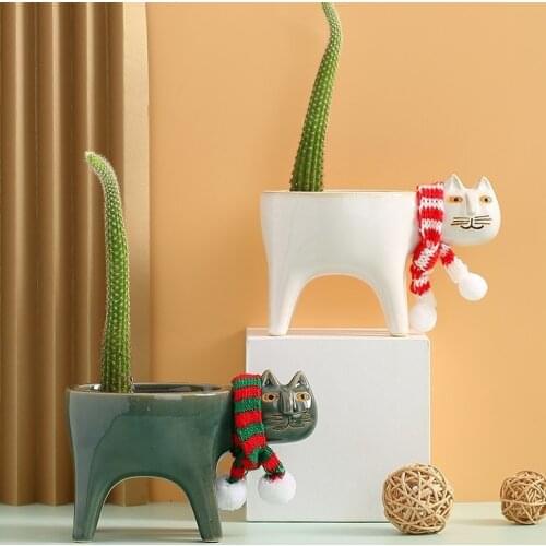 Cute cat tail flowerpot ceramic personality creativity cactus succulent simple decorative desktop cartoon animals