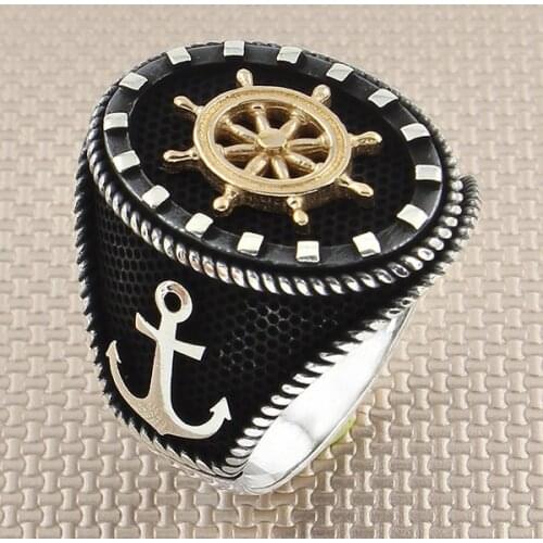 Rudder Motif Sterling Silver Ring Anchor Model Sailor Ring For Men Made in Turkey
