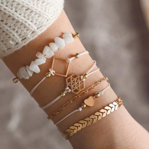 Pack of 6 inspired bangle bracelet with stone beads and heart design in mixed link chains in gold tone