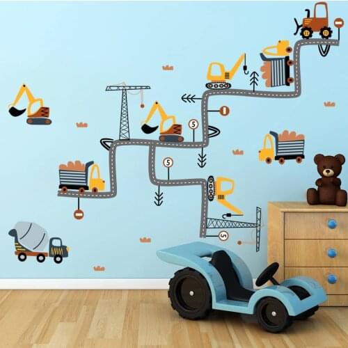 Construction Truck Excavator Road Wall Stickers Childrens Room Bedroom Decoration Stickers,Living Room Background Wall Decals