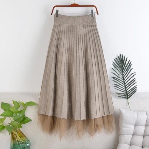 Autumn And Winter New High Waist Show Thin, Two Sides Wear Mesh Knitted Fabric Pleated Shiny Medium Length Skirt