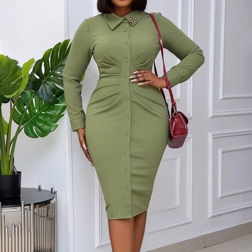 Pleated Turn-Down Collar Button Blouse Dress Women Sexy Long Sleeve Office Dresses Solid Streetwear Female Shirt Vestidos