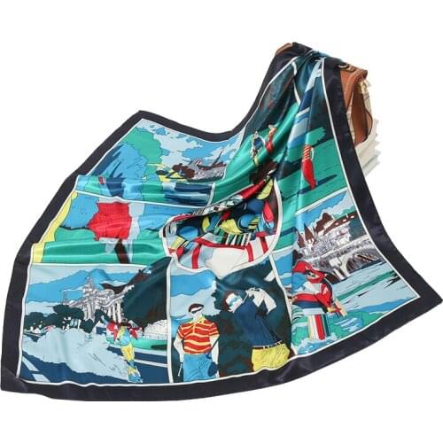 Fashion artist Womens Square Scarf Golf Pattern Riding Horse Printing Aestheticism Female Sex Kerchief Travel Beach Towel