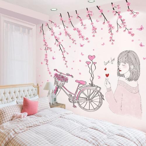 [SHIJUEHEZI] Cartoon Girl Wall Stickers DIY Peach Flowers Bicycle Mural Decals for House Kids Rooms Baby Bedroom Decoration