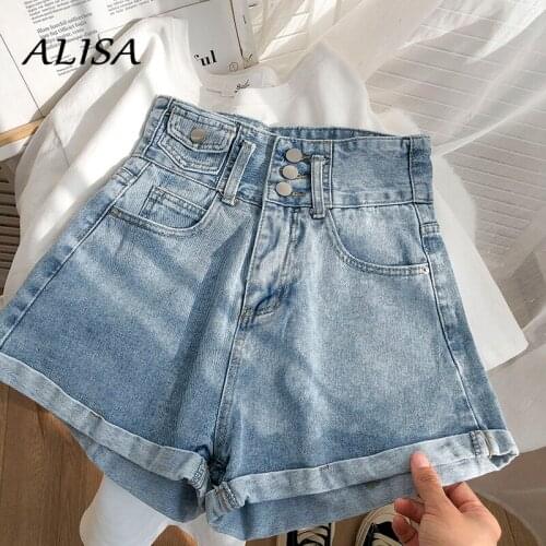 Summer Women Fashion High Waist Jeans Shorts Loose Single Breasted Vintage Jeans Woman Shorts A-line Wide Leg Pants