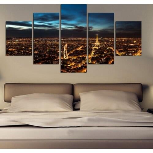 Modern Painting Framework Art Poster Wall Modular 5 Panel Paris At Night Home Decoration Print On Canvas For Living Room