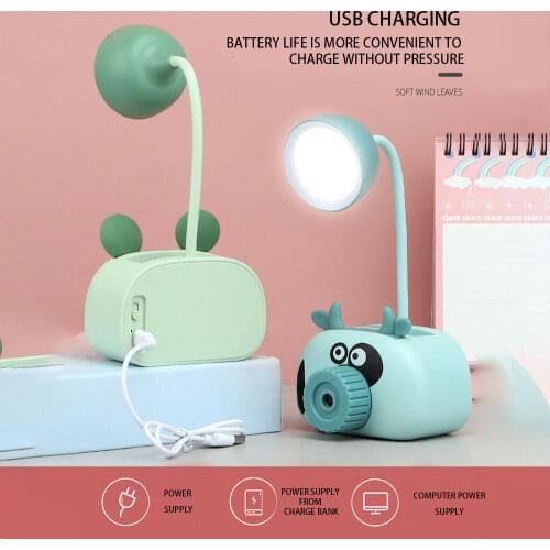 USB Rechargeable LED Lighting Children Student Eye Protection Night Light Desk Lamps Cartoon Piggy Pen Holder Pencil Sharpener