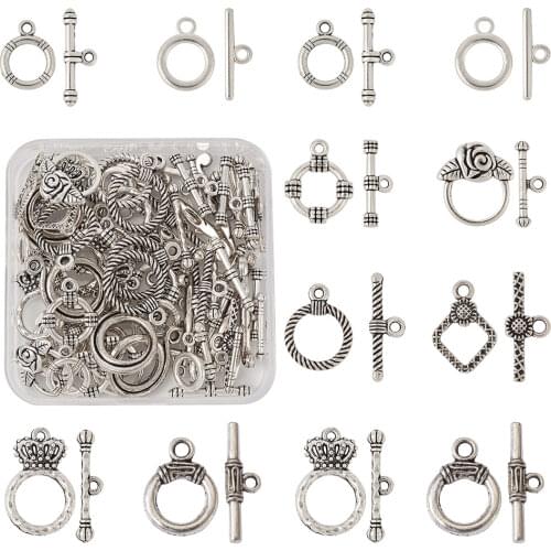40sets/box Tibetan Style Toggle Clasps Alloy Antique Silver Color Mixed Shapes Clasps Connectors For Bracelet DIY Jewelry Making