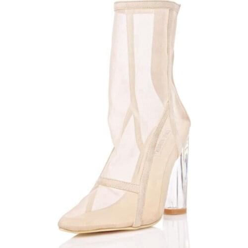 ARQA New Women mesh Boots Clear Perspex Heel Mesh Ankle Boots Transparent thick heel Summer boots Chunky Heels Woman Booties