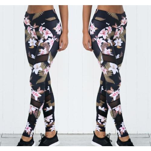 Yoga Pants Women Running Tights S-XL Sport Fitness Leggings Stretching Mesh Patchwork Gym Tights Flower Jogging Workout Pants