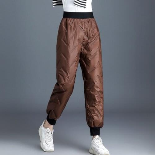 Womens Winter Pants Cotton Down Padded Pencil Pants Office Lady Loose Elastic High Waist Down Warm Trousers Female PT-504