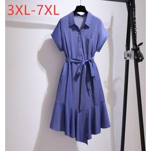 New 2021 Ladies Summer Plus Size Shirt Dress For Women Large Short Sleeve Blue Denim Fold Pocket Belt Dress 3XL 4XL 5XL 6XL 7XL