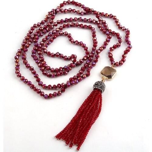 Fashion Bohemian Tribal Jewelry 6mm Red Glass Knotted Crystal Tassel Necklaces For Women Ethnic Necklace