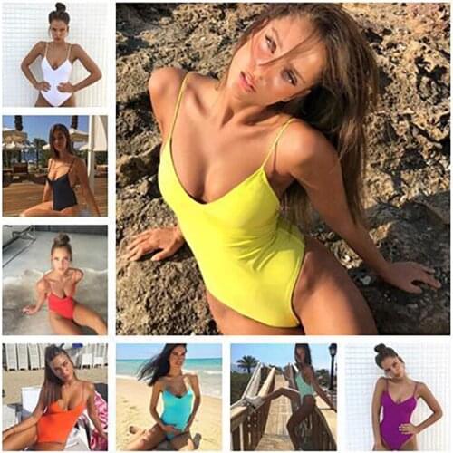 2021 New Solid Color One Pieces Women‘s Swimsuit Sexy V-neck Bikini Female Swimwear Backless Monokini Beach Bathing Swiming Suit