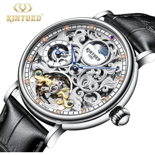 KINYUED Tourbillon Watch for Men Moon Phase Skeleton Watches Mens Top Brand Luxury Mechanical Automatic Watch Sports Transparent