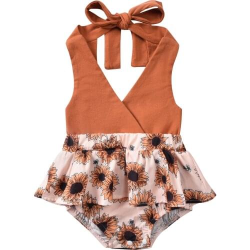 Baby Girl’s Casual Bandage Halter Romper Sunflower Printed Stitching Triangle Jumpsuits