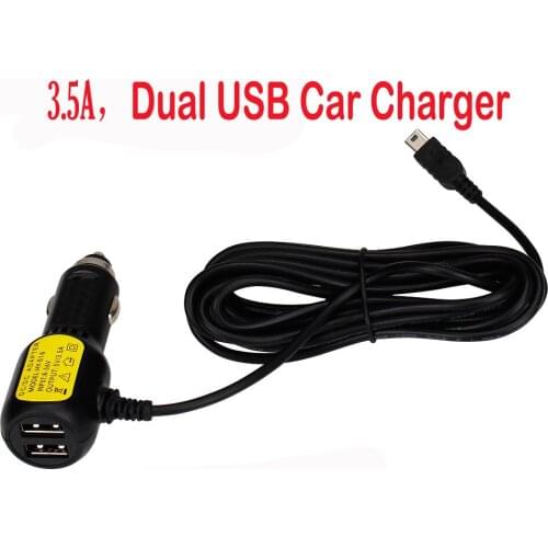 Dual USB Car Charger Adapter 5V- 36V To 5V For Smart Phone GPS Car DVR Vehicle Charging with 3.5meter cable Mini USB port