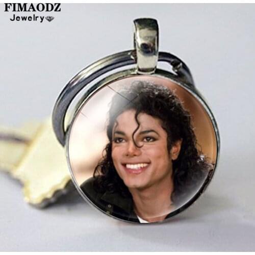FIMAODZ Michael Figure Keychain Dancing King Glass Cabochon Pendant Fashion Key Chain Ring Fans Gift